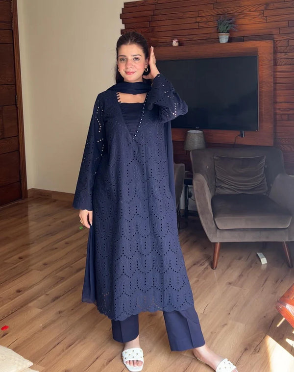 CHICKENKARI  EMB BLUE 3PC